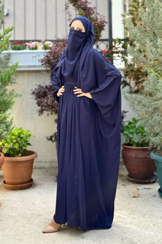 Yarasakol Belden Kuşaklı Peçeli, Şallı Elbise 6038 Lacivert - Bym Fashion (1)