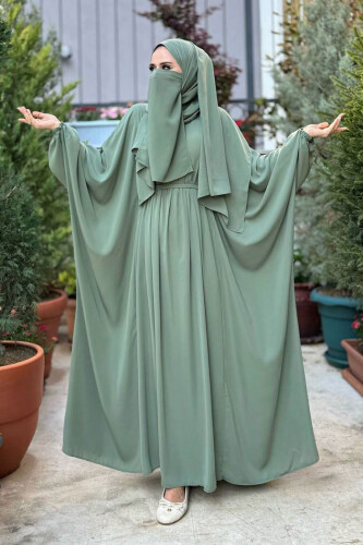 Yarasakol Belden Kuşaklı Peçeli, Şallı Elbise 6038 Mint - Bym Fashion