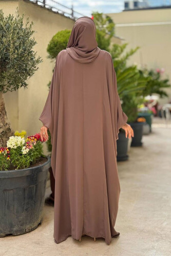 Yarasakol Belden Kuşaklı Peçeli, Şallı Elbise 6038 Vizon - Bym Fashion (1)