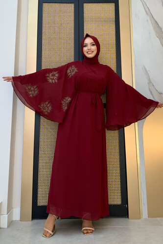 فستان سهرة ياراساكول بأكمام واحدة ومطبوع من الشيفون 3539 أحمر كلاريت - Bym Fashion