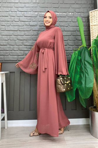 Yarasakol Single Sleeve Printed Chiffon Lined Evening Dress 3539 Dried Rose - Bym Fashion (1)