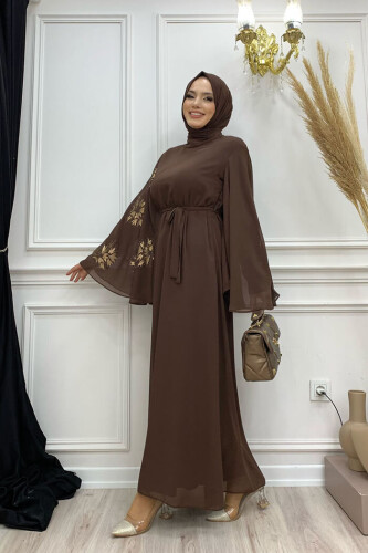 Yarasakol Single Sleeve Printed Chiffon Lined Evening Dress 3539 Brown - Bym Fashion (1)