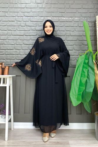 Yarasakol Single Sleeve Printed Chiffon Lined Evening Dress 3539 Black - Bym Fashion