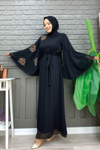 Yarasakol Single Sleeve Printed Chiffon Lined Evening Dress 3539 Black - Bym Fashion (1)