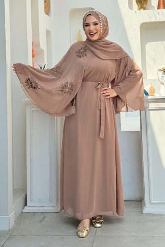 Yarasakol Single Sleeve Printed Chiffon Lined Evening Dress 3539 Mink - Bym Fashion