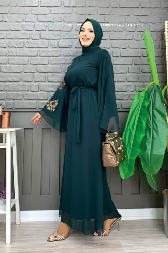 Yarasakol Single Sleeve Printed Chiffon Lined Evening Dress 3539 Emerald - Bym Fashion (1)